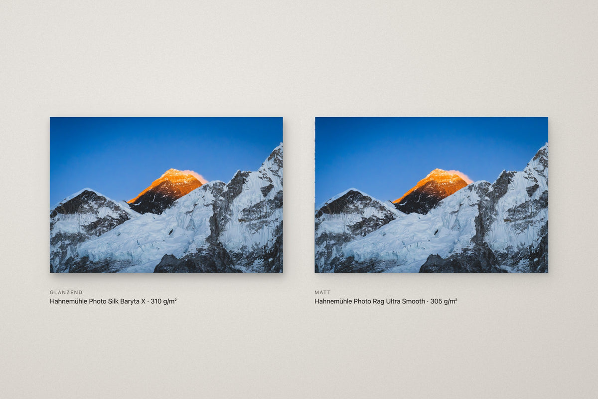 Dach der Welt auf glänzendem und auf mattem Hahnemühle-Papier nebeneinander