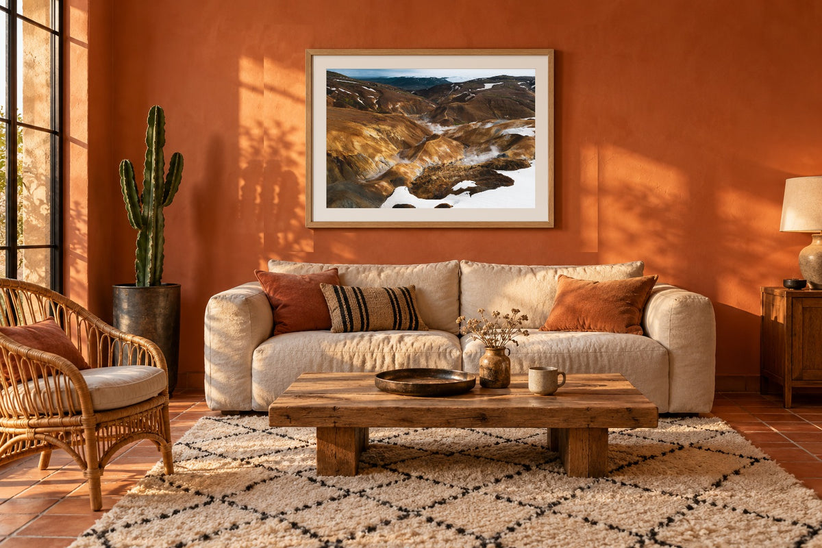 Elemente als Fine Art Print 120 × 80 cm, Raumansicht Wohnzimmer. Visualisierung, Rahmen und Passepartout nicht im Lieferumfang.