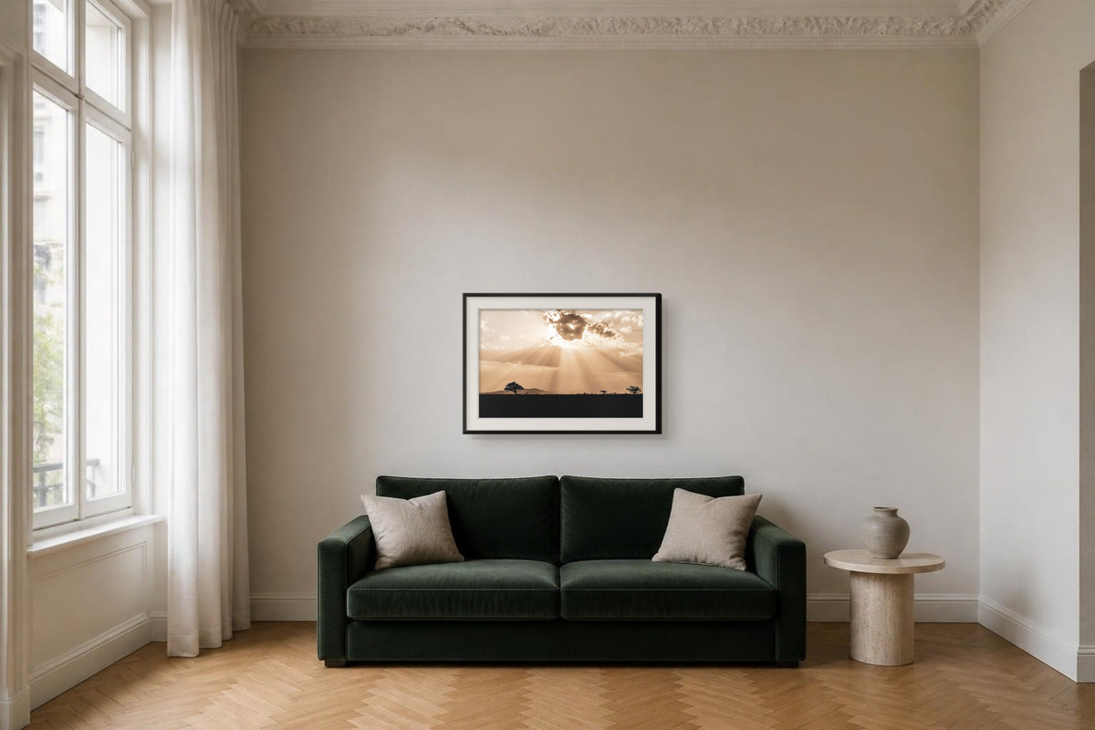 Serengeti, Fine-Art-Fotografie, Raumansicht 90 × 60 cm im Altbau
