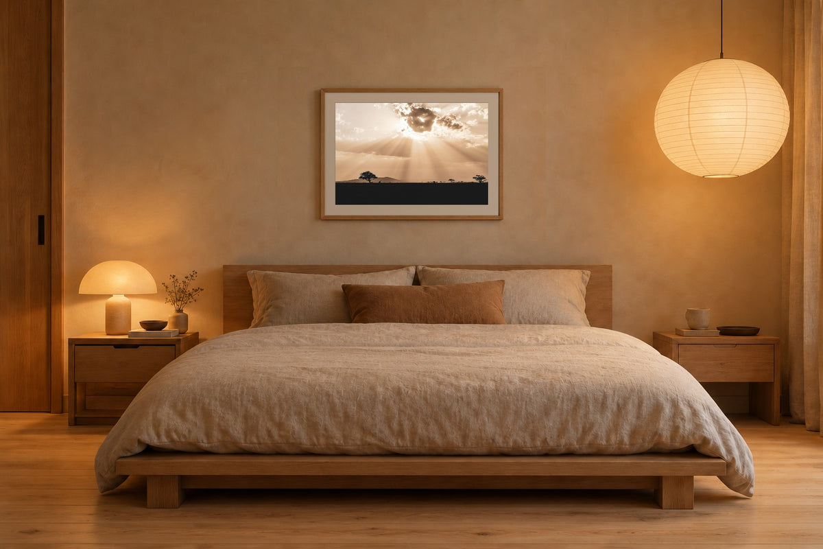 Serengeti als Fine Art Print 60 × 40 cm, Raumansicht Schlafzimmer. Visualisierung, Rahmen und Passepartout nicht im Lieferumfang.